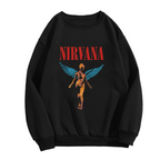 Crewneck sweatshirt product image with In Utero angel illustration with blue-wing details