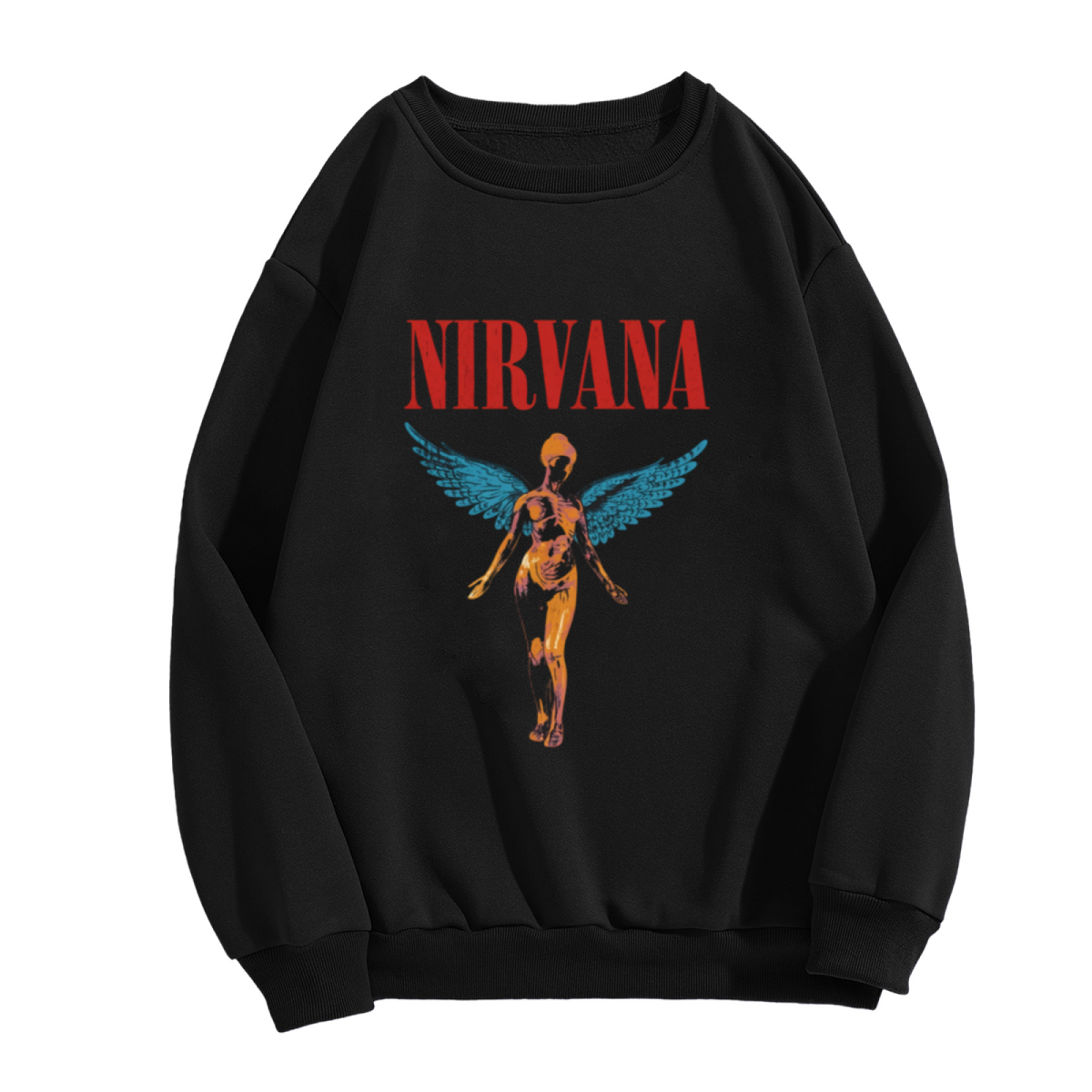Crewneck sweatshirt product image with In Utero angel illustration with blue-wing details