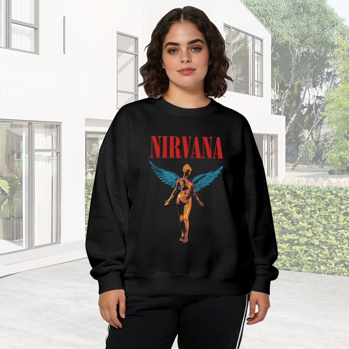 Crewneck sweatshirt product image with In Utero angel illustration with blue-wing details