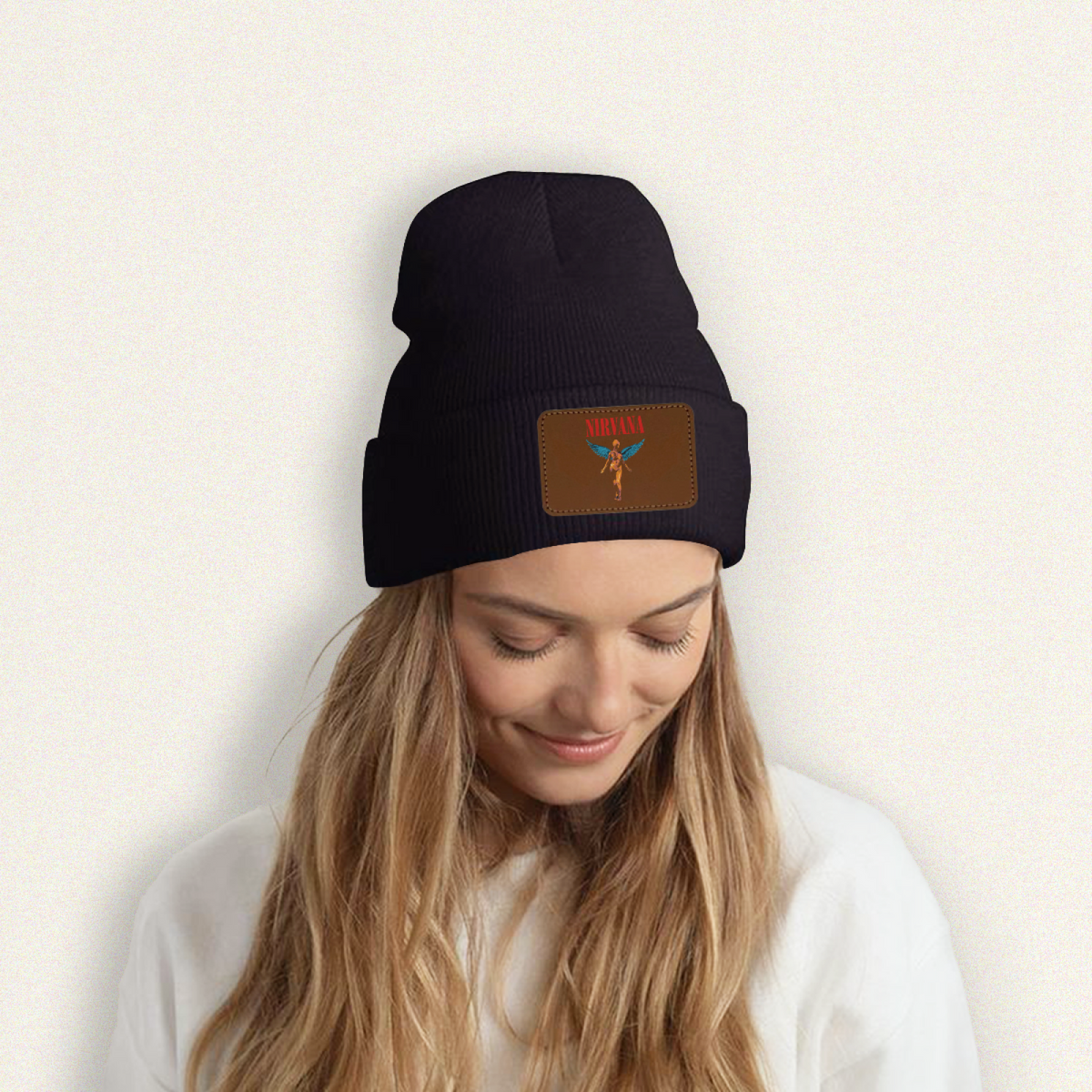 Nirvana In Utero Album Graphic Knit Beanie Patch Hat – Nirvana-themed rectangular patch beanie product image, White option