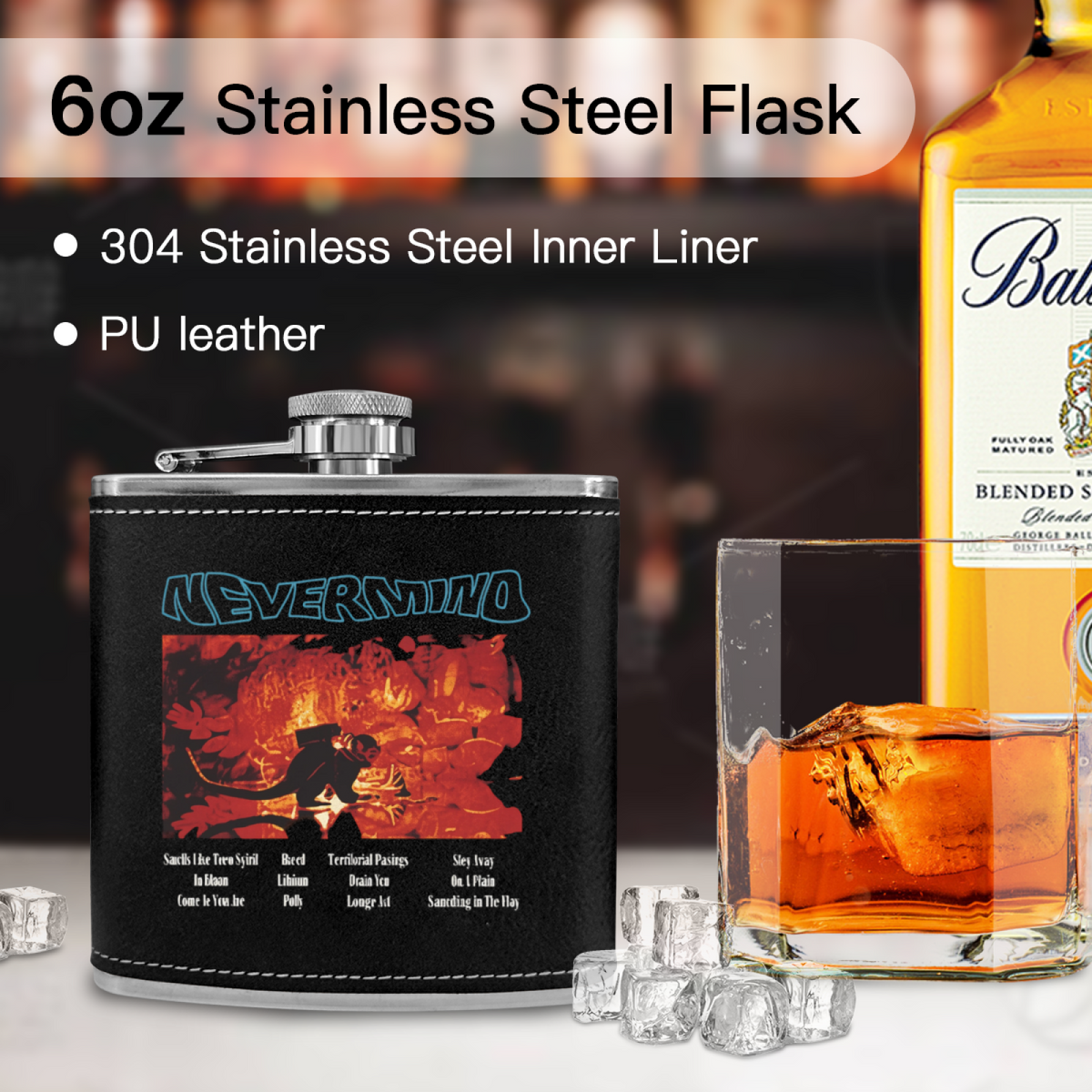 Nirvana Dim Light Portrait 6oz vintage-style stainless steel hip flask product image