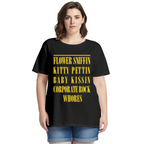 Graphic T-shirt product image with flower sniffin quote artwork, black colorway