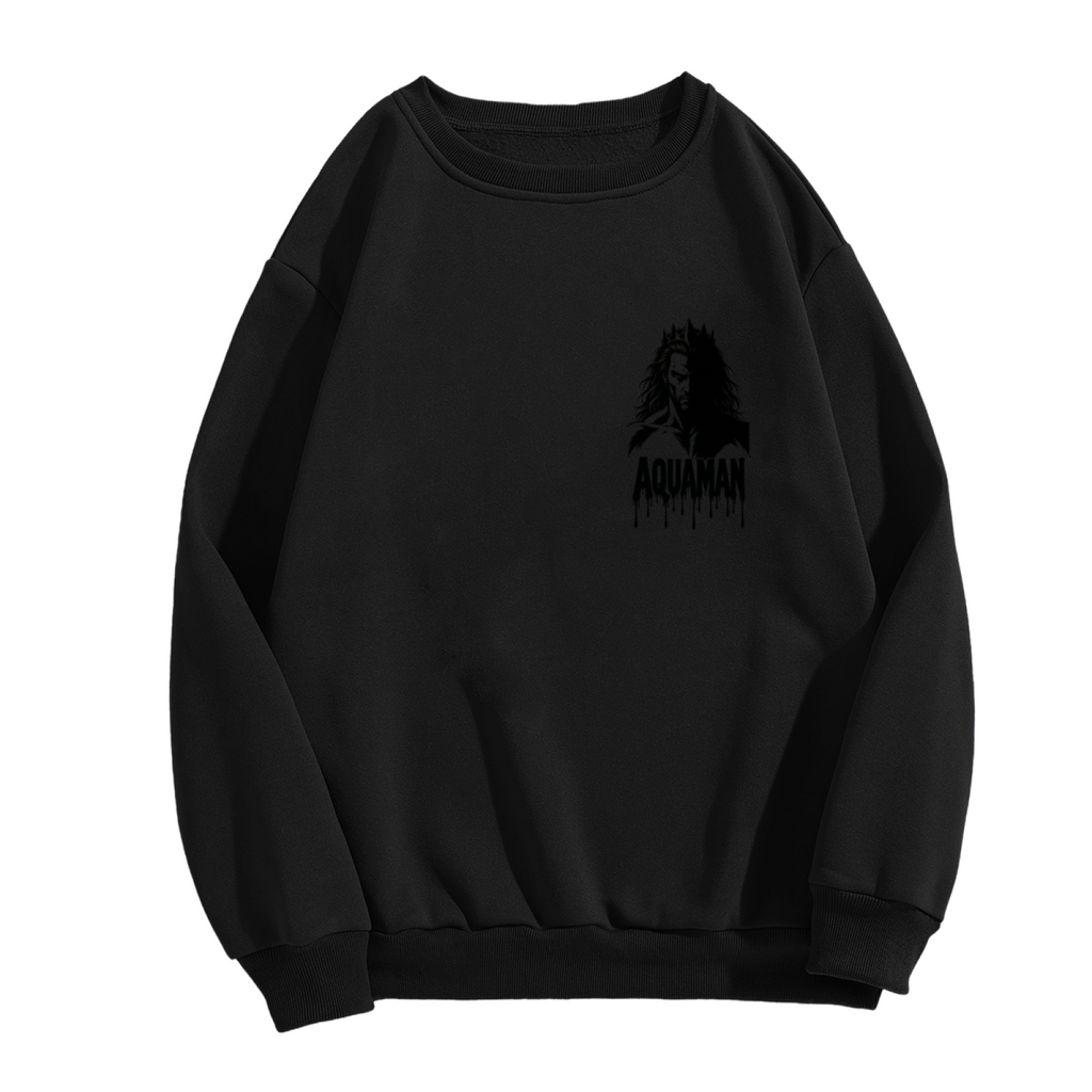 A small crowned silhouette with dark ink-style lettering shown on the front of a men's crewneck sweatshirt in a standalone product shot