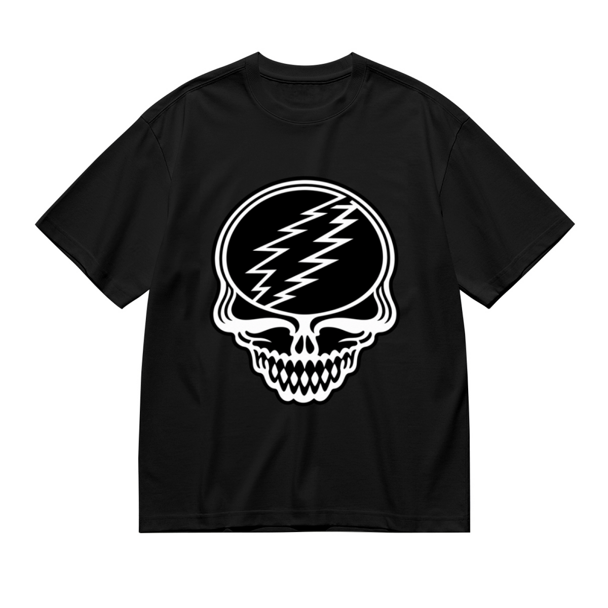 Front view of Grateful Dead black and white Steal Your Face skull graphic T-shirt on a black T-shirt