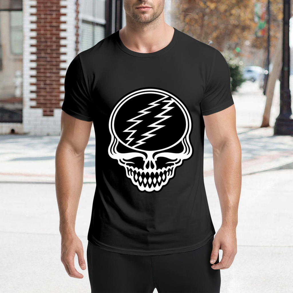 Graphic detail of Grateful Dead black and white Steal Your Face skull graphic T-shirt on a black T-shirt