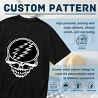 Close-up product image of Grateful Dead black and white Steal Your Face skull graphic T-shirt on a black T-shirt