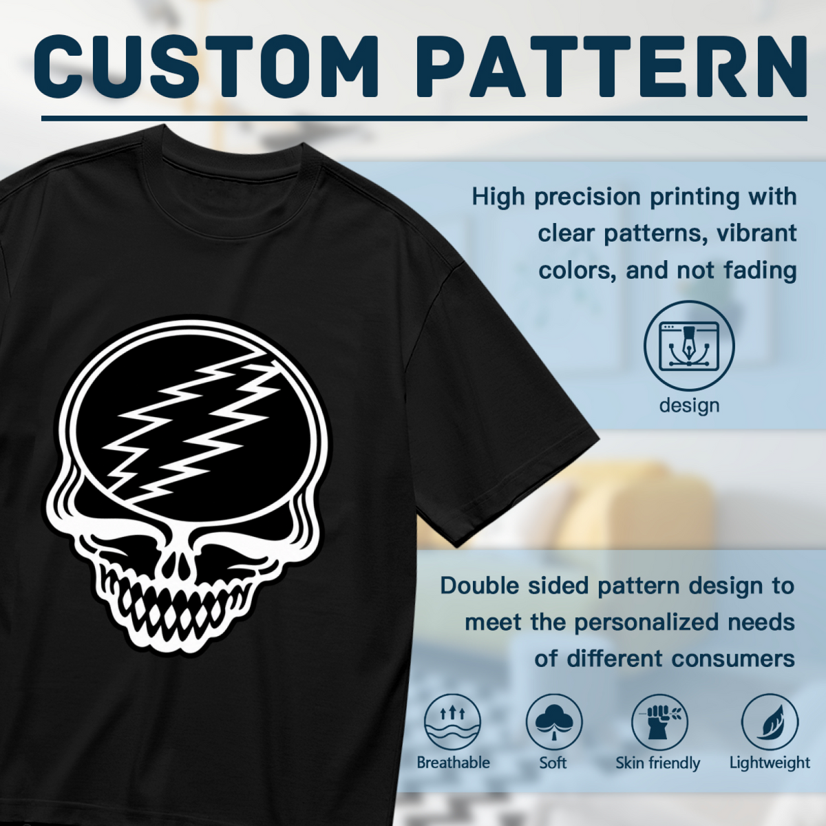 Close-up product image of Grateful Dead black and white Steal Your Face skull graphic T-shirt on a black T-shirt