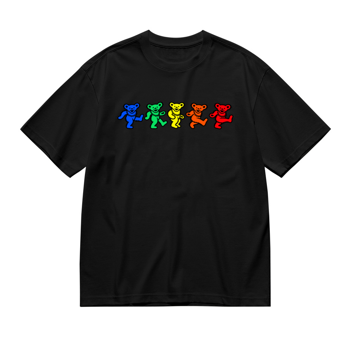 Front view of Grateful Dead rainbow dancing bears graphic T-shirt on a black T-shirt