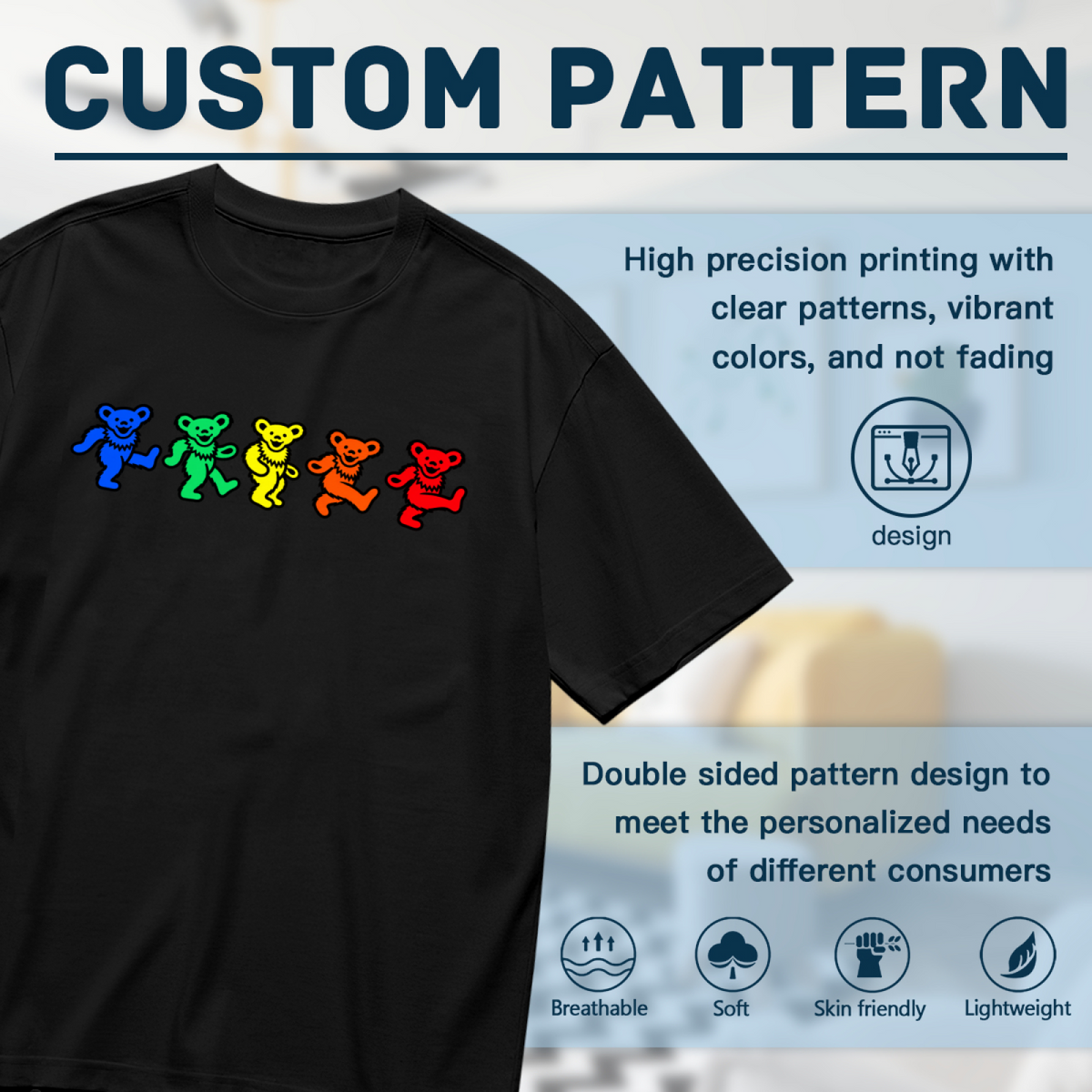 Close-up product image of Grateful Dead rainbow dancing bears graphic T-shirt on a black T-shirt