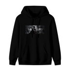 An armored figure in a smoky grayscale panel with lettering shown on the front of a women's hoodie in a standalone product shot