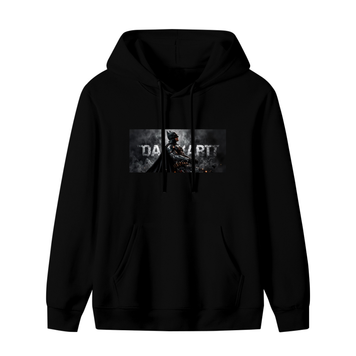 An armored figure in a smoky grayscale panel with lettering shown on the front of a women's hoodie in a standalone product shot