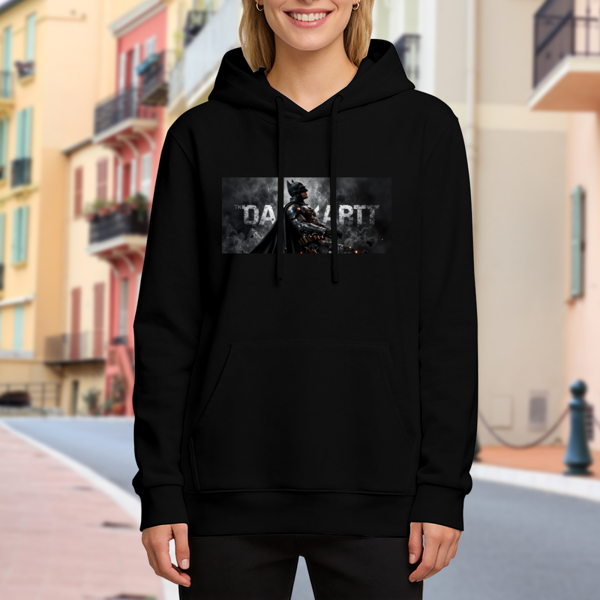 Outdoor photograph of a model in a women's hoodie bearing an armored figure in a smoky grayscale panel with lettering