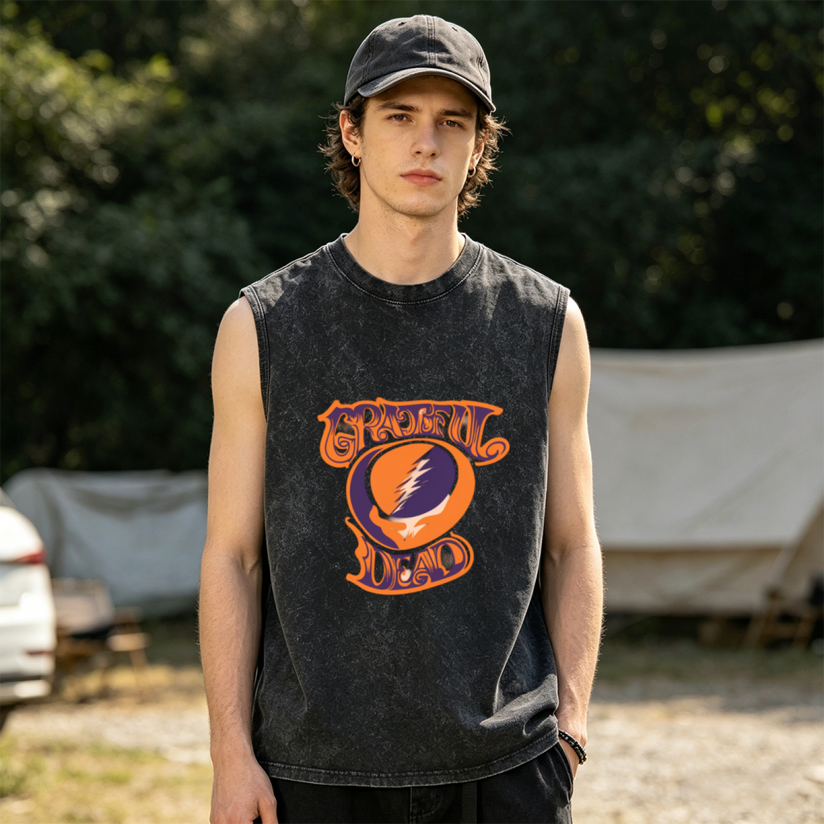 Grateful Dead washed graphic tank top with Orange Purple Steal Your Face Baseball Raglan graphic