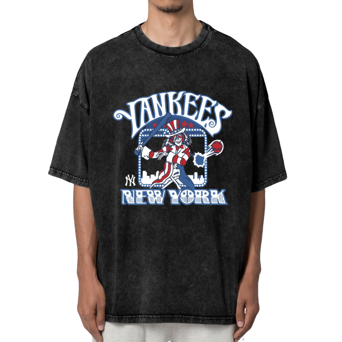 Front view of a dark washed graphic T-shirt featuring Grateful Dead Skull Baseball illustration