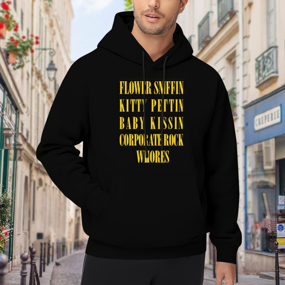 Nirvana Flower Sniffin Quote Hoodie, product listing image of the words that lead the design graphic
