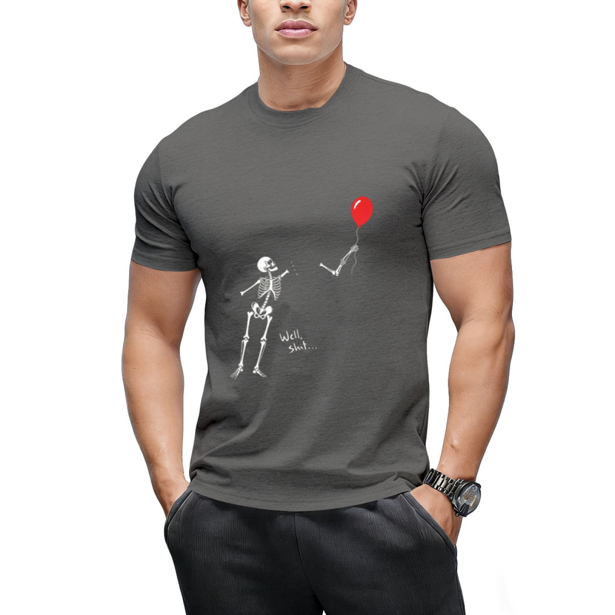 Skeleton with Single Red Balloon Graphic T-Shirt