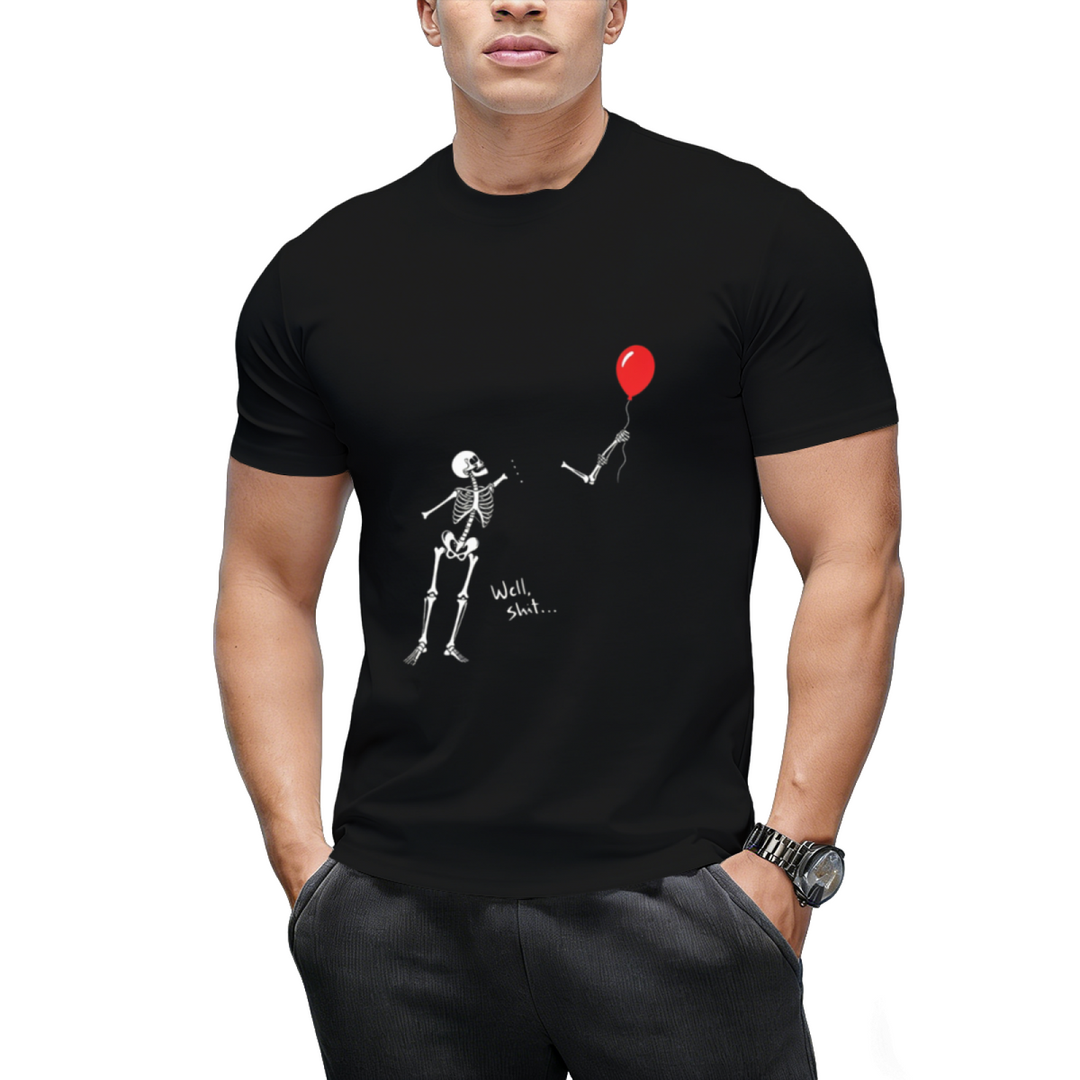 Skeleton with Single Red Balloon Graphic T-Shirt