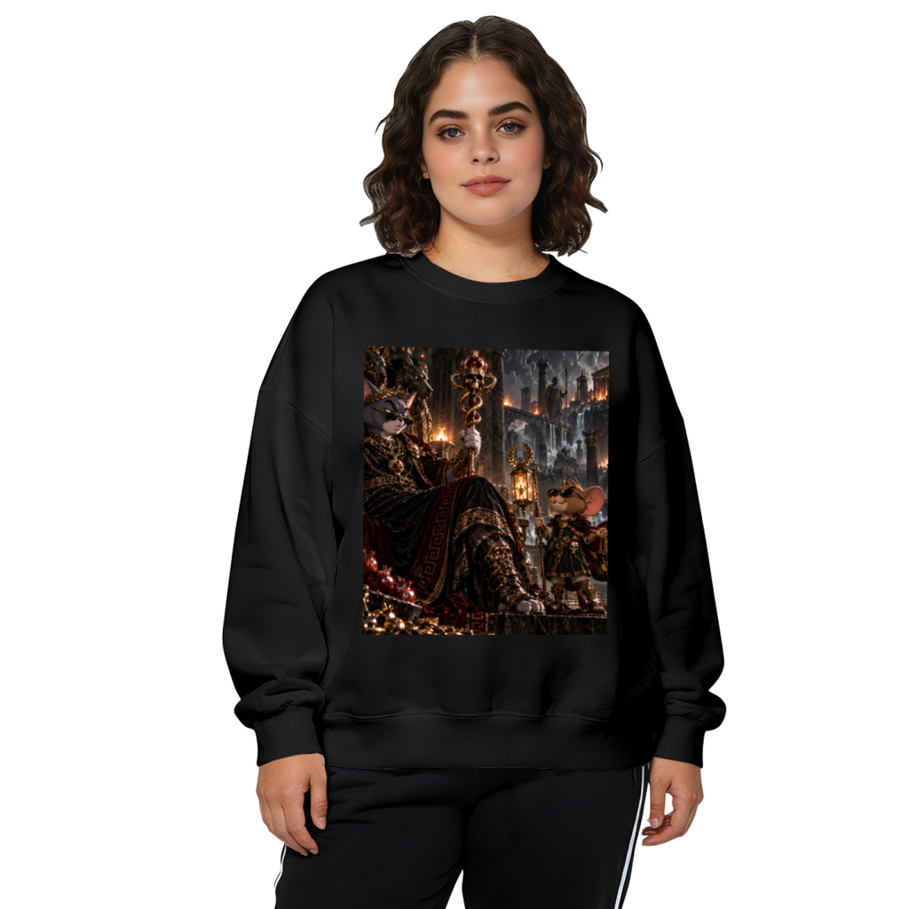 Studio photograph of a model in a women's crewneck sweatshirt showing a feline throne scene with gathered figures and warm firelight