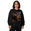 Studio photograph of a model in a women's crewneck sweatshirt showing a feline throne scene with gathered figures and warm firelight
