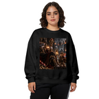Studio photograph of a model in a women's crewneck sweatshirt showing a feline throne scene with gathered figures and warm firelight