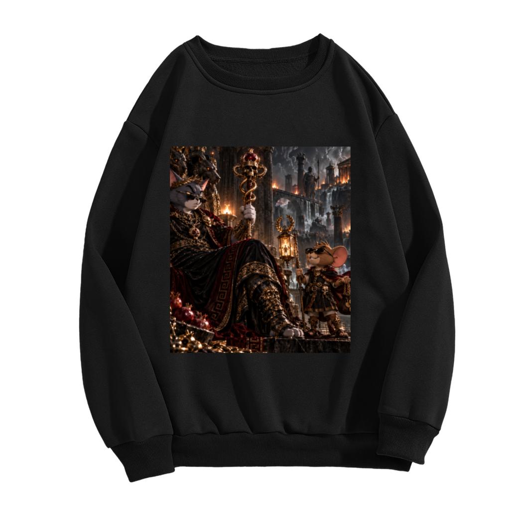 Standalone women's crewneck sweatshirt front displaying a graphic of a feline throne scene with gathered figures and warm firelight