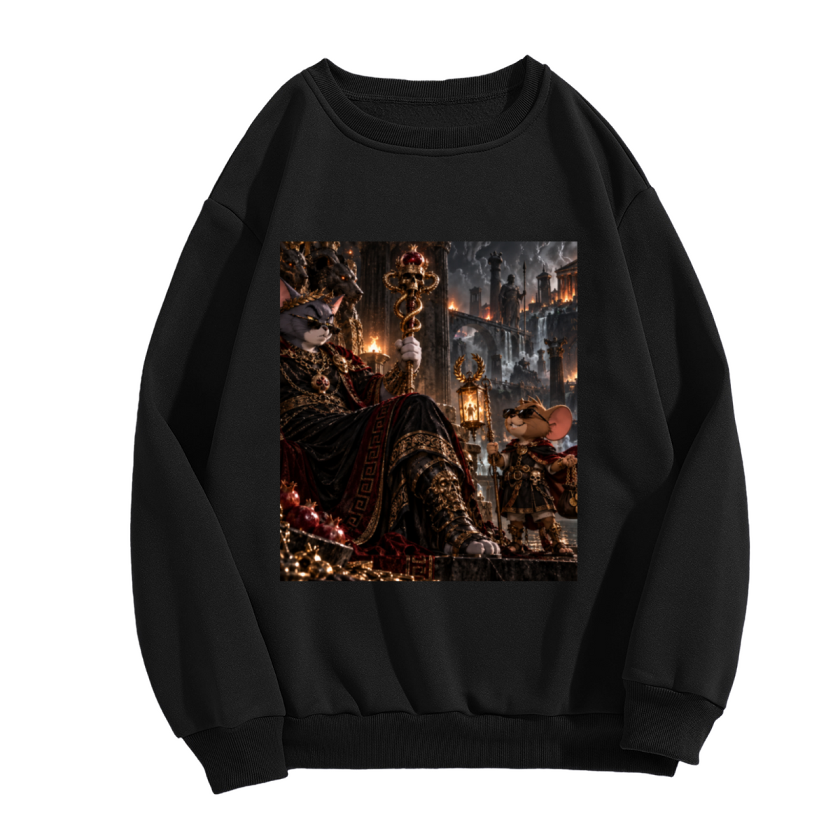 Standalone women's crewneck sweatshirt front displaying a graphic of a feline throne scene with gathered figures and warm firelight
