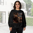 Women's crewneck sweatshirt worn outside, with the camera facing the graphic of a feline throne scene with gathered figures and warm firelight