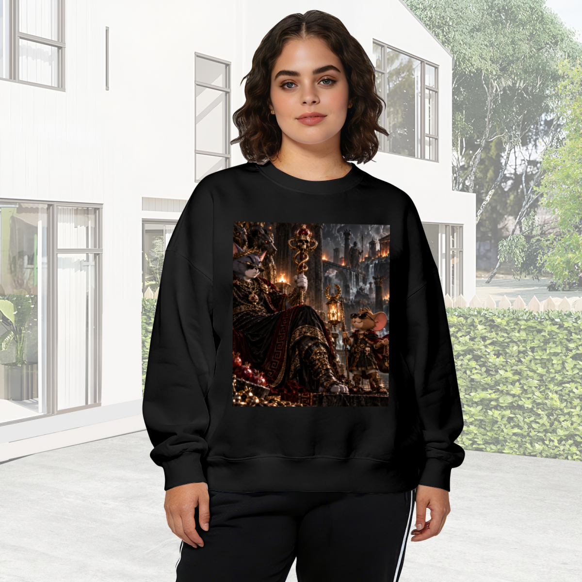 Women's crewneck sweatshirt worn outside, with the camera facing the graphic of a feline throne scene with gathered figures and warm firelight