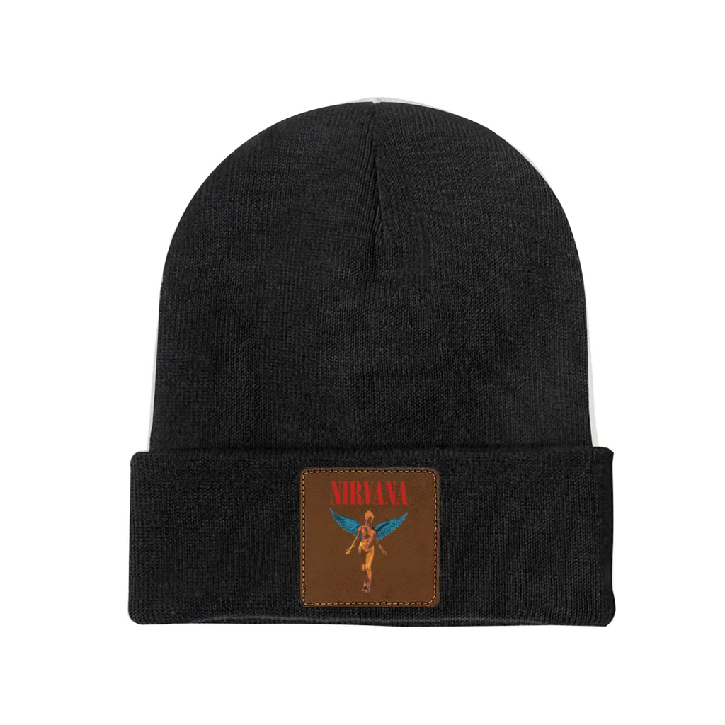 Nirvana In Utero Black Square Patch Beanie product image showing square-patch knit beanie design