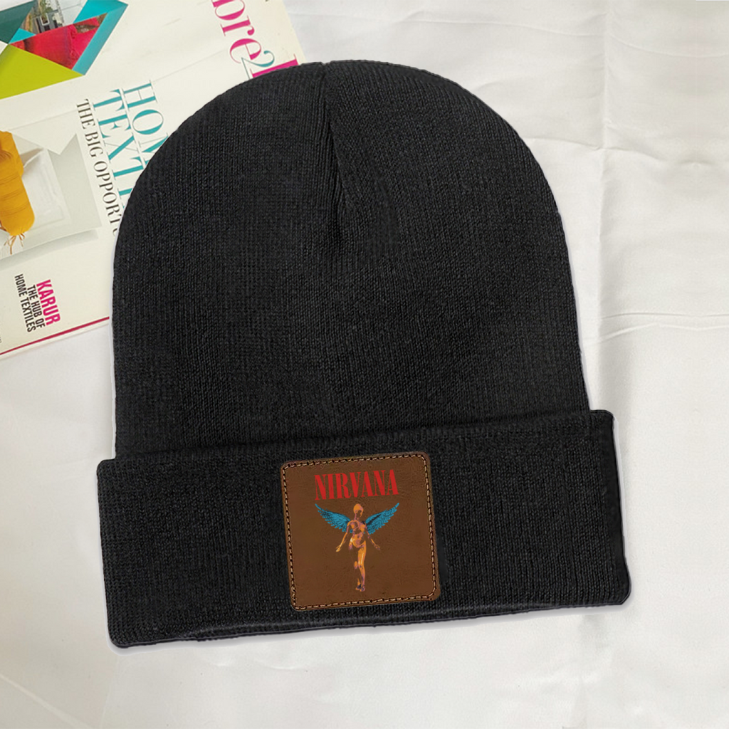 Nirvana In Utero Black Square Patch Beanie product image showing square-patch knit beanie design