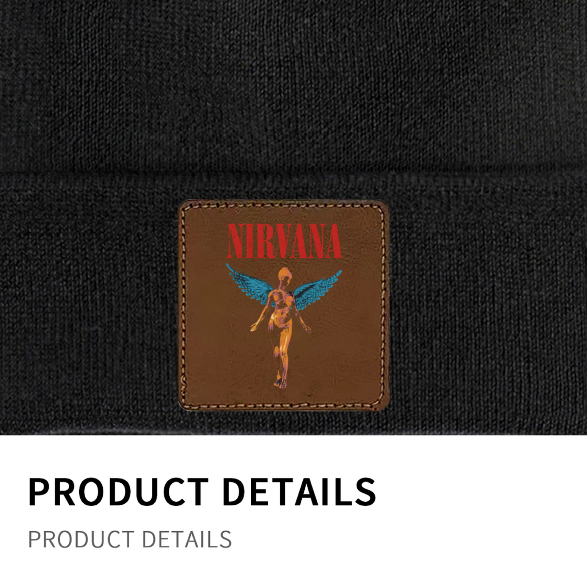 Nirvana In Utero Black Square Patch Beanie product image showing square-patch knit beanie design