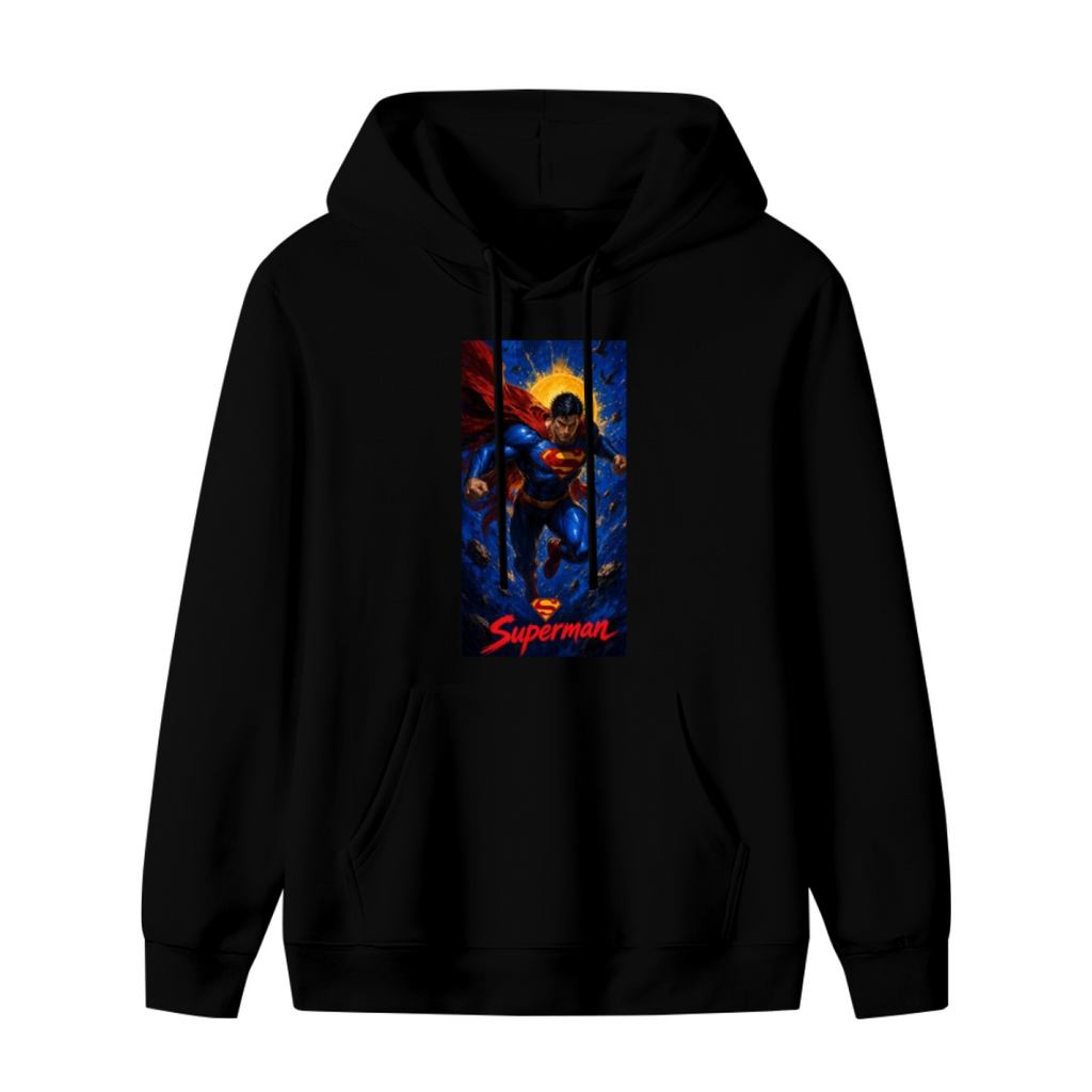 Unworn men's hoodie, front view of the design depicting a caped figure ascending into a cosmic backdrop with a golden halo