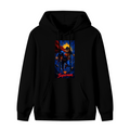 Unworn men's hoodie, front view of the design depicting a caped figure ascending into a cosmic backdrop with a golden halo