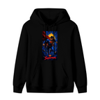 Unworn men's hoodie, front view of the design depicting a caped figure ascending into a cosmic backdrop with a golden halo