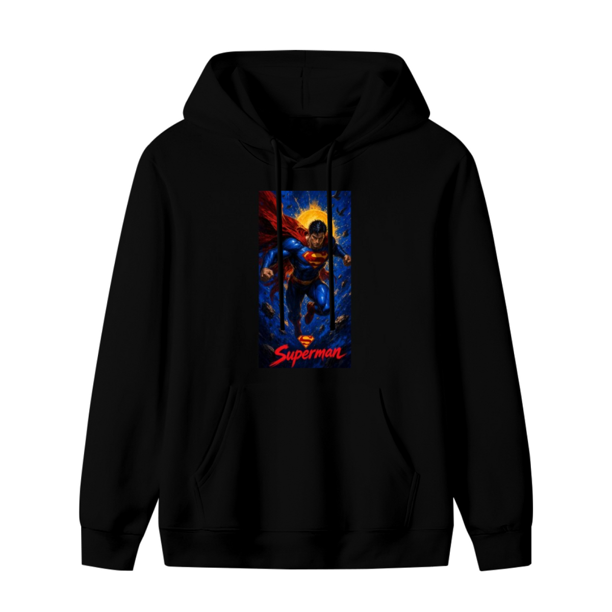 Unworn men's hoodie, front view of the design depicting a caped figure ascending into a cosmic backdrop with a golden halo