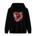 Men's hoodie photographed alone, with a masked runner moving through an explosion of multicolored brushstrokes on the front