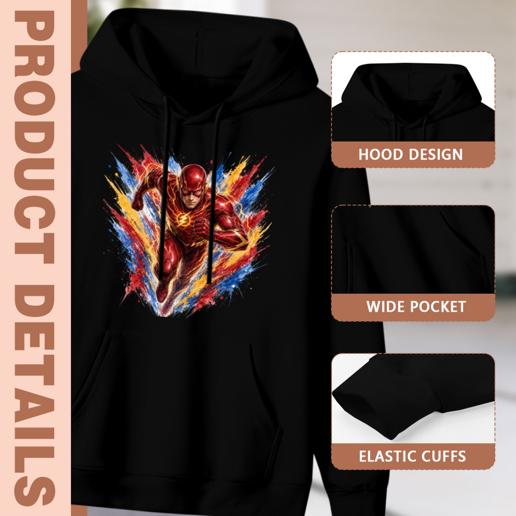 Feature collage for the men's Runner Breaking through Paint hoodie: hood shape, pouch pocket and cuff finishing