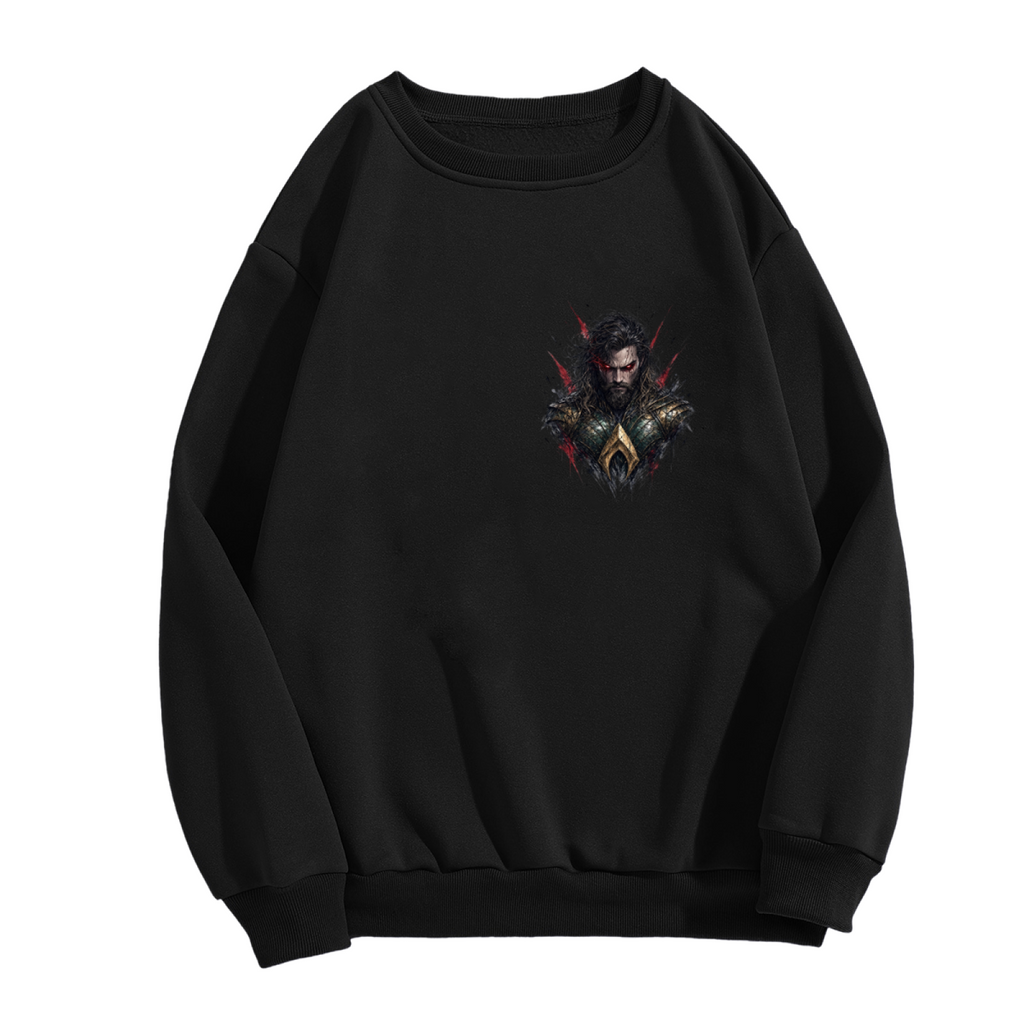 Men's crewneck sweatshirt photographed alone, with a centered bearded warrior portrait with red eyes and rough dark edges on the front