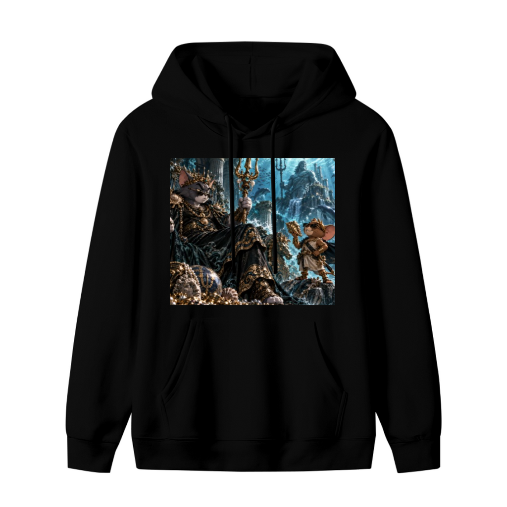 Unworn men's hoodie, front view of the design depicting a feline court in an icy throne hall with elaborate frozen architecture