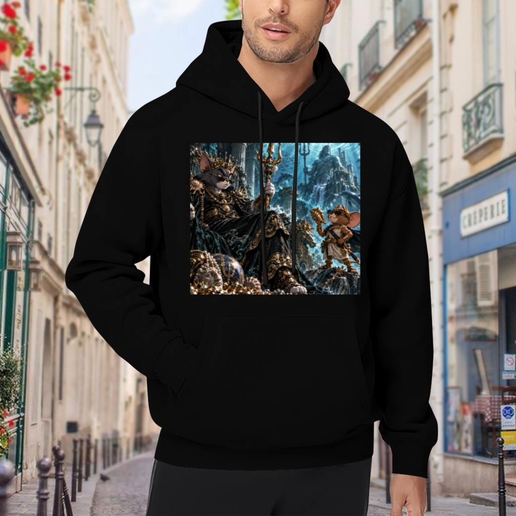 On-location model photograph displaying a feline court in an icy throne hall with elaborate frozen architecture on the front of a men's hoodie