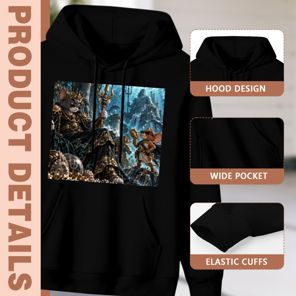 Garment and inset detail views for the men's Frozen Court of the Cat King hoodie, highlighting the hood, pocket opening and cuffs