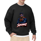 A caped portrait wearing a futuristic visor printed on a men's crewneck sweatshirt, shown in a front model photo