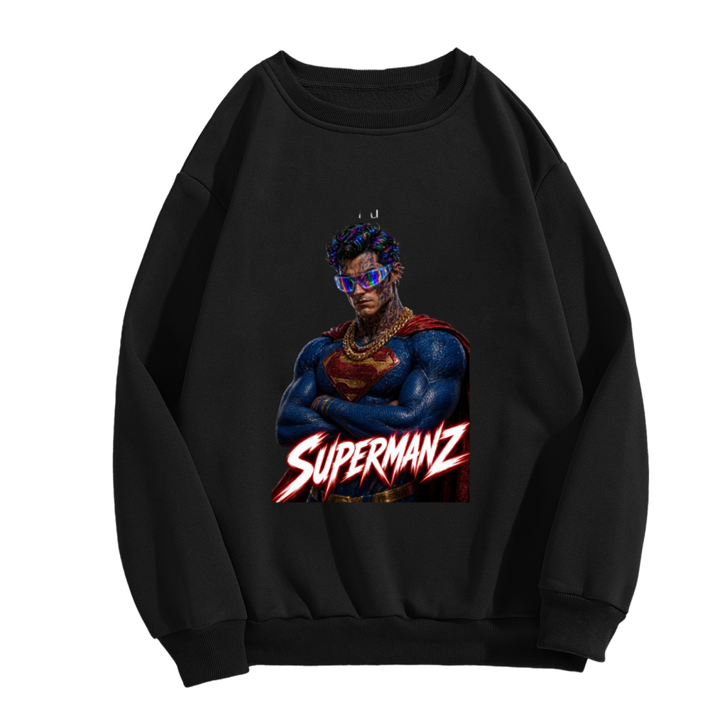 Unworn men's crewneck sweatshirt, front view of the design depicting a caped portrait wearing a futuristic visor