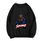 Unworn men's crewneck sweatshirt, front view of the design depicting a caped portrait wearing a futuristic visor