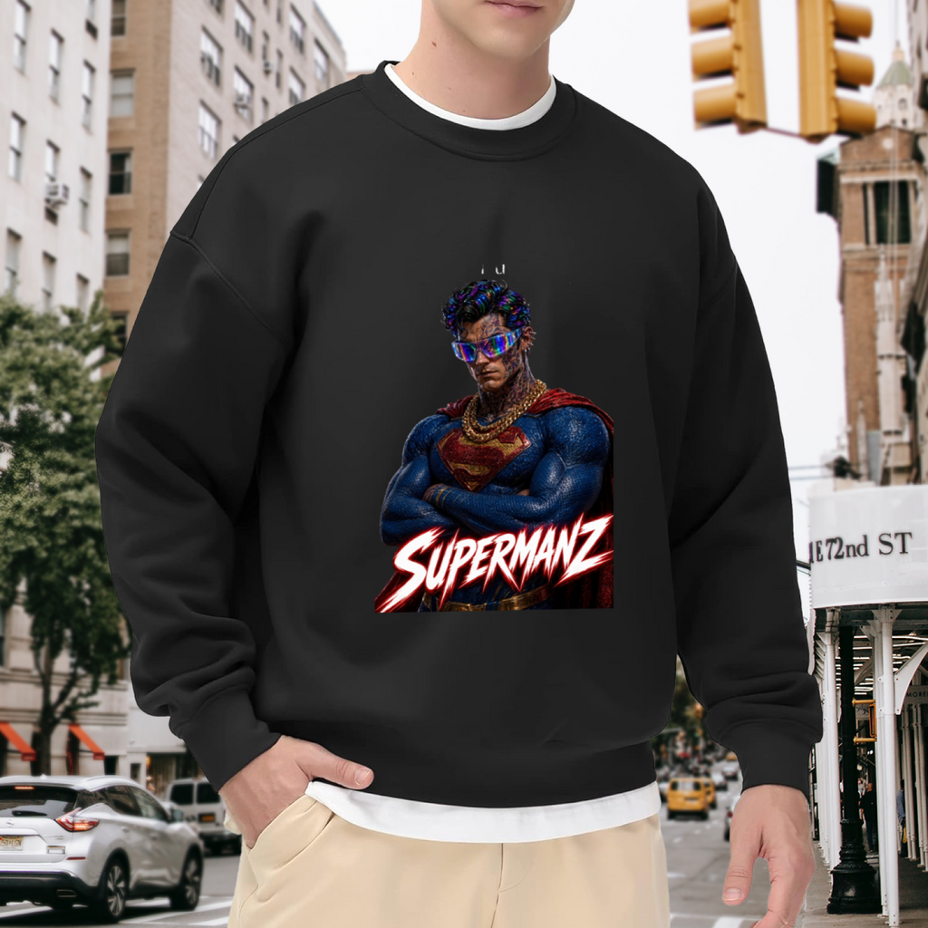 On-location model photograph displaying a caped portrait wearing a futuristic visor on the front of a men's crewneck sweatshirt