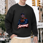 On-location model photograph displaying a caped portrait wearing a futuristic visor on the front of a men's crewneck sweatshirt