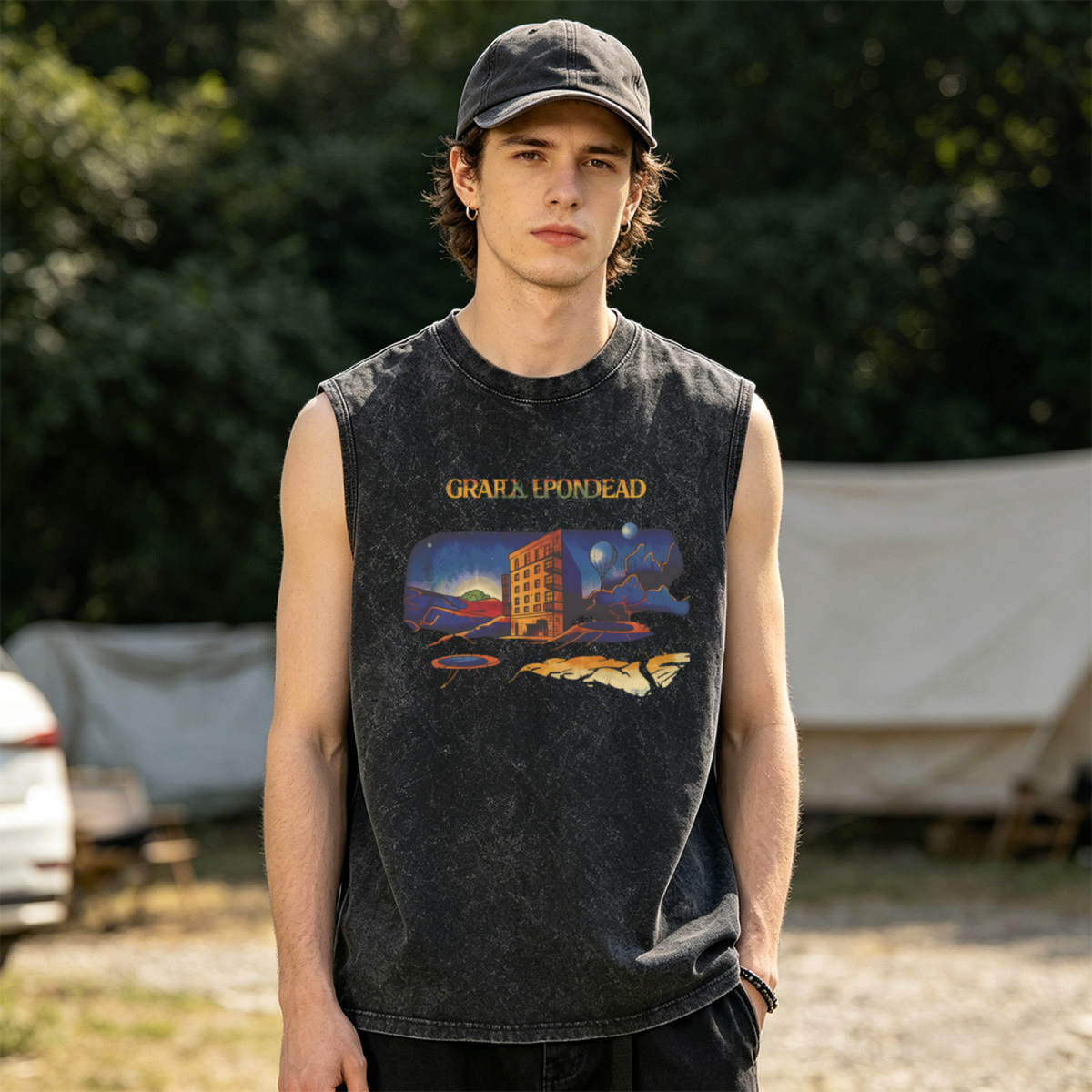 Grateful Dead washed graphic tank top with From The Mars Hotel (woman) graphic