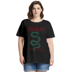 Graphic T-shirt product image with serve the servants green snake artwork, black colorway