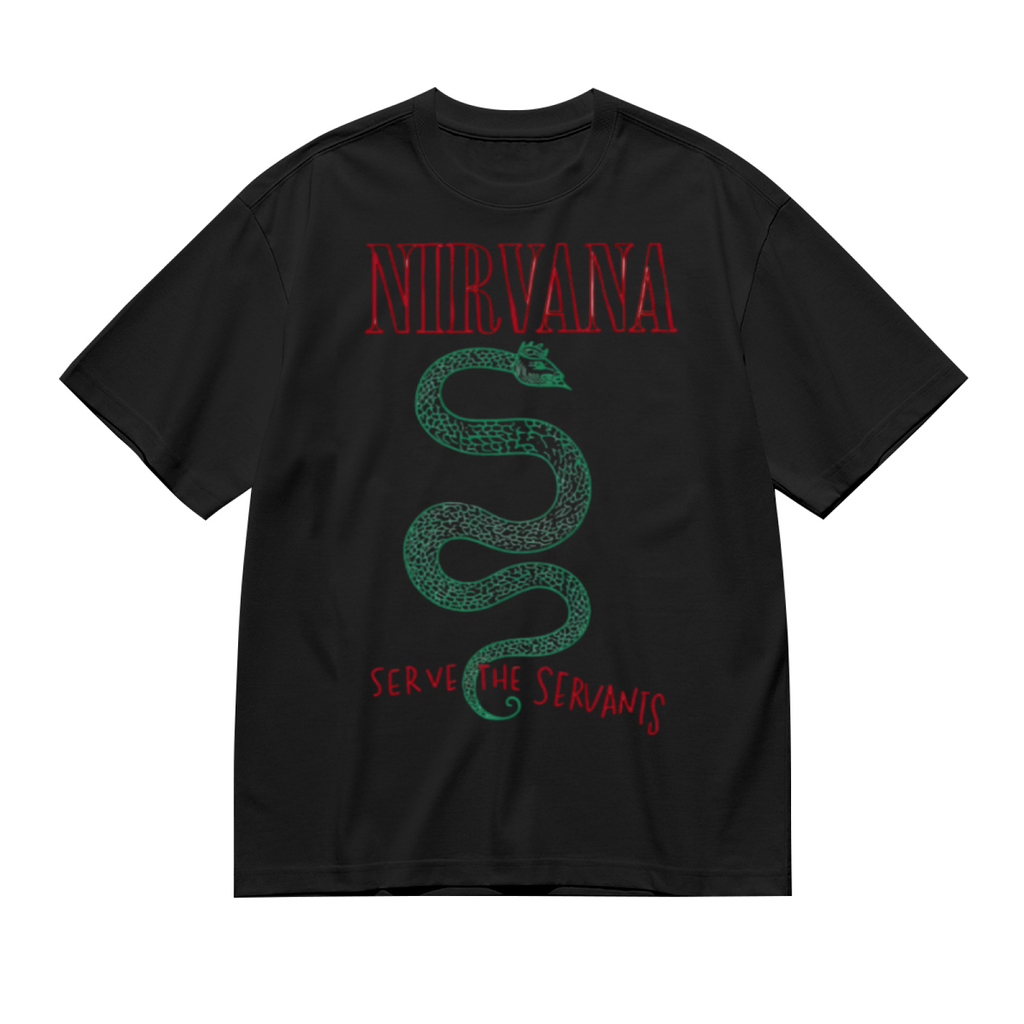 Graphic T-shirt product image with serve the servants green snake artwork