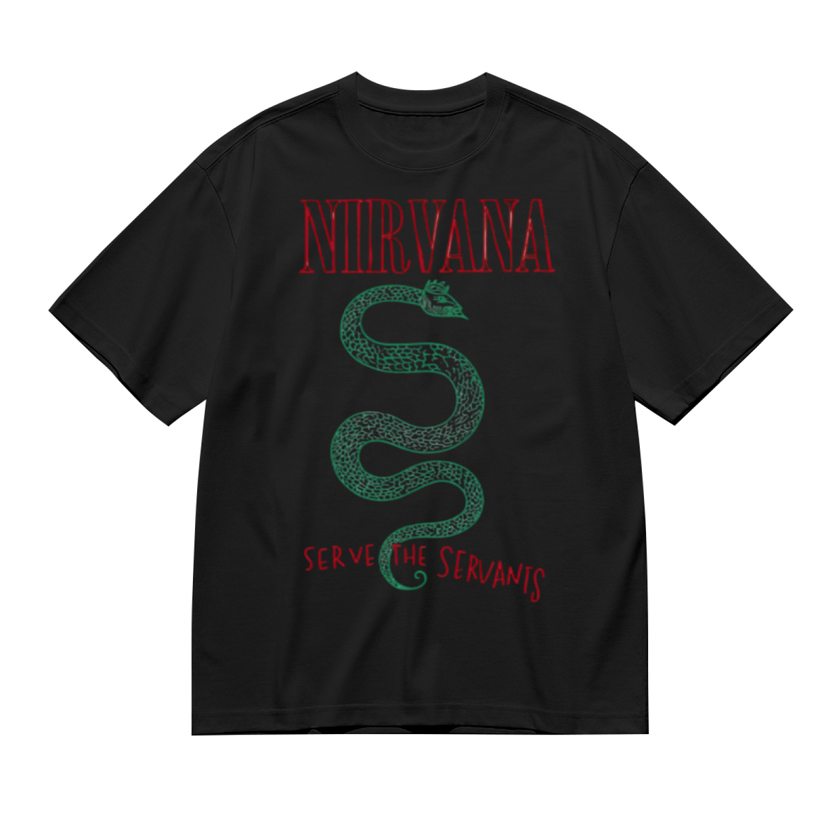 Graphic T-shirt product image with serve the servants green snake artwork
